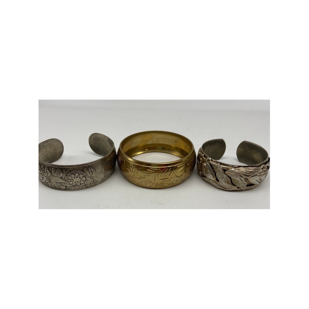 Set of 3 Vintage Boho Cuff Bracelets‎ Ornate Floral Leaf Gold Tone Silver Tone